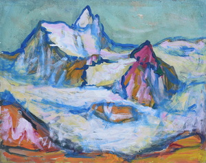 Werkverzeichnis Nr. 1330, um 1983, Weisshorn vom Meidsee aus gesehen, Mischtechnik auf Karton, 56,7 x 70,5 cm