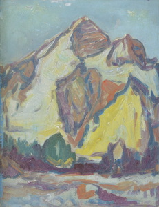 Werkverzeichnis Nr. 1328, um 1983, Bergmassiv, Öl auf Karton, 48,7 x 37,9 cm