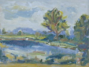 Werkverzeichnis Nr. 1311, um 1983,  Wassertümpel mit Bäumen,  Öl auf Karton, 38,7 x 49,3 cm