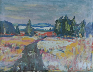 Werkverzeichnis Nr. 1313, um 1983,  Mooslandschaft mit Bäumen, Acryl, Öl auf Karton, 37,4 x 48,0 cm