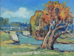 Werkverzeichnis Nr. 1315, um 1983,  Bäume an einem Bach mit Brücke,  Öl auf Karton, 37,4 x 48,9 cm