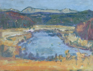 Werkverzeichnis Nr. 1305, um 1983, Kleinerer Ostersee mit Herzogstand und Heimgarten, Öl auf Karton, 37,6 x 48,4 cm