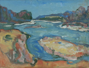Werkverzeichnis Nr. 1296, um 1983, Isar mit Kiesbänken, Isar, Öl auf Karton, 37,7 x 48,3 cm
