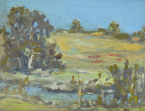 Werkverzeichnis Nr. 1318,  um 1983, Bach in hügeligem Gelände, Öl auf Karton, 37,7 x 48,5 cm