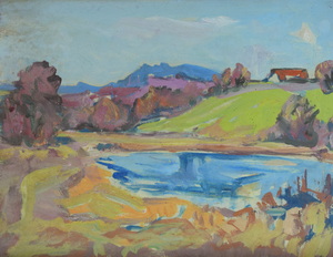 Werkverzeichnis Nr. 1306, um 1983, Weiher vor einem Hügel, Öl auf Karton, 37,7 x 48,6 cm