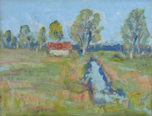Werkverzeichnis Nr. 1316, um 1983,   Mooslandschaft mit Wassergraben, Haus und Bäumen,  Öl auf Karton, 37,7 x 48,9 cm