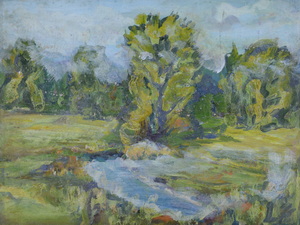 Werkverzeichnis Nr. 1310, um 1983,   Bäume an einem Gewässer,  Öl auf Karton, 37,8 x 49,3 cm