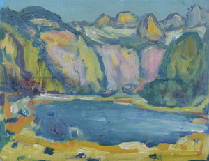 Werkverzeichnis Nr. 1332, um 1983, See im Gebirge, Öl auf Karton, 38,1 x 48,3 cm