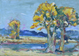 Werkverzeichnis Nr. 1299, um 1983, Fluß mit Bäumen, Öl auf Karton, 38,3 x 53,0 cm
