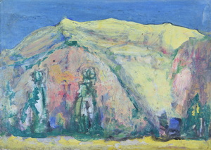 Werkverzeichnis Nr. 1331, um 1983, Gebirgsmassiv, Öl auf Karton, 38,4 x 53,0 cm
