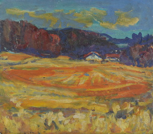 Werkverzeichnis Nr. 1335, um 1983, Hügelige Landschaft mit Häusern, Öl auf Karton, 48,8 x 56,1 cm