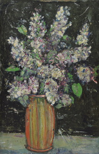Werkverzeichnis Nr. 1330, um 1983, Flieder vor schwarzer Wand, Öl auf Karton, 60,5 x 40,0 cm