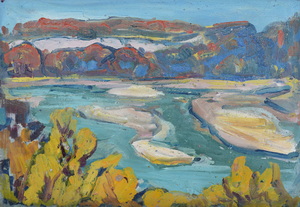 Werkverzeichnis Nr. 1297, um 1983, Sandbänke an der Isar, Öl auf Karton, 39,7 x 57,8 cm