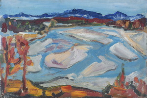 Werkverzeichnis Nr. 1298, um 1983, Sandbänke an der Isar, Öl auf Karton, 40,0 x 59,1 cm