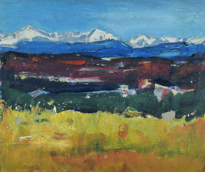 Werkverzeichnis Nr. 1346, um 1984, Voralpenlandschaft mit Seen,  Öl auf Karton, 24,1 x 29,0 cm
