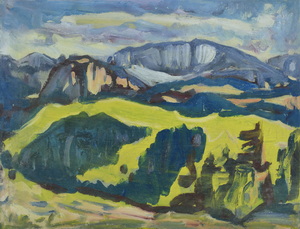 Werkverzeichnis Nr. 1339, um 1984, Blick auf die Benediktenwand, Acryl auf Karton, 37,5 x 48,8 cm
