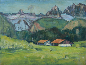 Werkverzeichnis Nr. 1338, um 1984, zwei Almhütten mit Schönfledspitze und Watzmann, Öl auf Karton, 37,8 x 49,0 cm