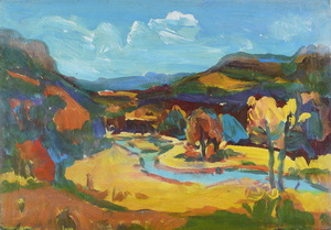 Werkverzeichnis Nr. 1337, um 1984, Bergtal mit einem Bach, Acryl auf Karton, 40,5 x 57,0 cm