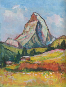 Werkverzeichnis Nr. 1343, um 1984, Matterhorn, Acryl auf Karton, 48,7 x 37,3 cm