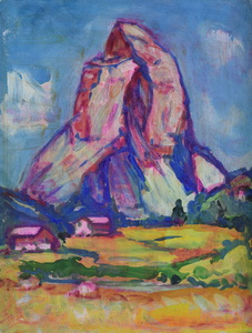 Werkverzeichnis Nr. 1344, um 1984, Matterhorn in Magenta, Acryl auf Karton, 48,8 x 37,7 cm