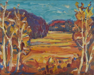 Werkverzeichnis Nr. 1335, um 1984, Blick zwischen Bäumen auf Felder und Hügel, Öl auf Hartfaser, 56,8 x 71,6 cm