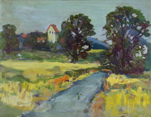 Werkverzeichnis Nr. 1333, um 1984, Wassergraben mit Bäumen und Gebäude,  Öl auf Karton, 37,8 x 48,6 cm