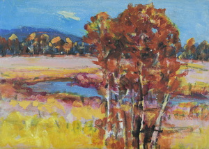 Werkverzeichnis Nr. 1332, um 1984, Mooslandschaft mit Bäumen und Wasserfläche,  Öl auf Karton, 38,2 x 53,1 cm