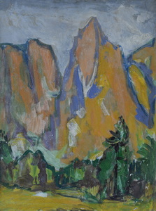 Werkverzeichnis Nr. 1345, um 1984, Blick auf einen Berg, Öl auf Karton, 48,8 x 37,2 cm