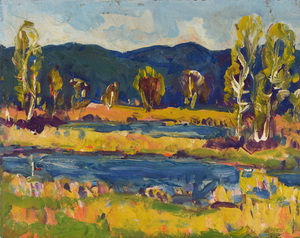Werkverzeichnis Nr. 1334, um 1984, Mooslandschaft mit Bäumen und zwei Wasserflächen,  Öl auf Hartfaser, 56,2 x 69,7 cm