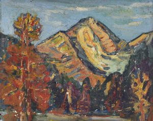 Werkverzeichnis Nr. 1346, um 1984, Bergmassiv mit Bäumen, Öl auf Hartfaser, 56,6 x 70,9 cm