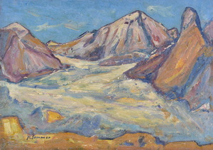 Werkverzeichnis Nr. 1347, um 1984, Bergspitzen mit Gletschern, Öl auf Karton, 57,1 x 80,1 cm