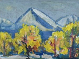 Werkverzeichnis Nr. 1384, um 1985, Pyramidaler Berg vor gelben Bäumen, Öl auf Karton, 37,3 x 48,7 cm