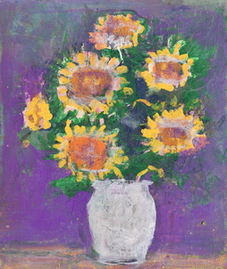 Werkverzeichnis Nr. 1401, um 1985, Sonnenblumen vor violettem Hintergrund, Öl auf Karton, 56,7 x 48,7 cm