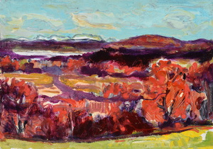 Werkverzeichnis Nr. 1350, um 1985, Landschaft bei Murnau mit Staffelsee, Öl auf Karton, 40,3 x 57,0 cm