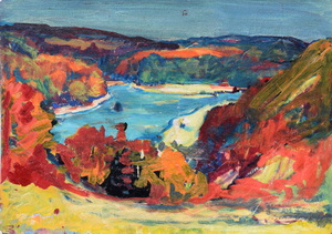 Werkverzeichnis Nr. 1349, um 1985, Isarschleife mit Georgenstein, Öl auf Karton, 40,3 x 56,7 cm
