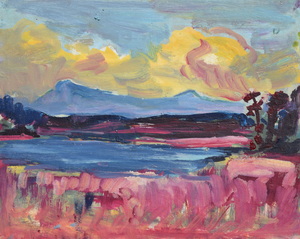 Werkverzeichnis Nr. 1353, um 1985, Großer Ostersee mit Herzogstand und Heimgarten, Öl auf Karton, 36,8 x 45,0 cm