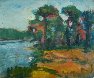 Werkverzeichnis Nr. 1356, um 1985, Gewässer mit Bäumen, Acryl auf Karton, 21,5 x 25,0 cm