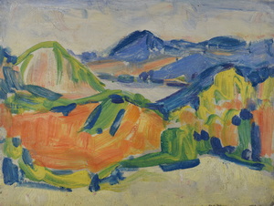 Werkverzeichnis Nr. 1386, um 1985, Gebirgsansicht mit See, Öl auf Karton, 27,6 x 37,3 cm