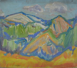 Werkverzeichnis Nr. 1387, um 1985, Gebirgsskizze, Öl auf Hartfaser, 29,5 x 33,7 cm