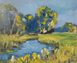 Werkverzeichnis Nr. 1357, um 1985, Gewässer mit Bäumen, Acryl auf Karton, 37,3 x 44,8 cm