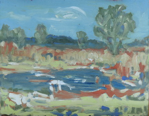 Werkverzeichnis Nr. 1358, um 1985, Mooslandschaft mit Teich und Bäumen, Acryl auf Karton, 37,7 x 48,4 cm