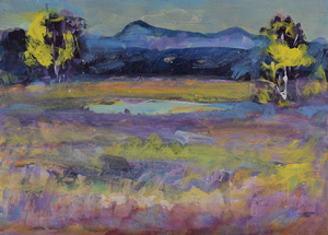 Werkverzeichnis Nr. 1351, um 1984, Großer Ostersee mit Herzogstand und Heimgarten, Öl auf Karton, 38,3 x 53,0 cm