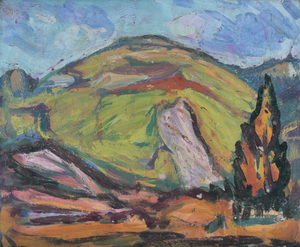 Werkverzeichnis Nr. 1377, um 1985, Berghügel, Öl auf Karton, 38,7 x 47,0 cm