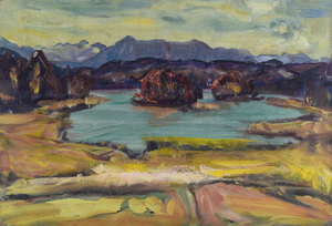 Werkverzeichnis Nr. 1352, um 1985, Großer Ostersee mit Marieninsel, Öl auf Karton, 39,8 x 58,7 cm