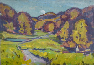 Werkverzeichnis Nr. 1360, um 1985, Hügelige Landschaft mit Bäumen, Öl auf Karton, 40,4 x 57,3 cm