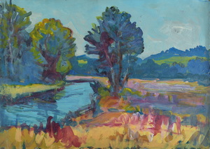 Werkverzeichnis Nr. 1362, um 1985, Bach mit Bäumen im Voralpengebiet, Öl auf Karton, 43,5 x 61,4 cm