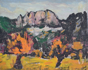 Werkverzeichnis Nr. 1390, um 1985, Gebirgsstock mit orangen Bäumen, Öl auf Hartfaser, 56,5 x 71,5 cm