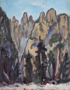 Werkverzeichnis Nr. 1393, um 1985, Göll Westwand, Öl auf Karton, 48,8 x 38,2 cm