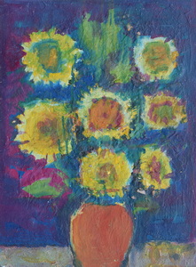 Werkverzeichnis Nr. 1402, um 1985, Sonnenblumen vor blauem und violettem Hintergrund, Öl auf Karton,  50,0 x 37,2 cm,
						Rückseite von Werkverzeichnis Nr. 416, um 1968, Weisshorn