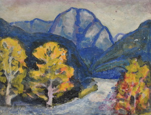 Werkverzeichnis Nr. 1392, um 1985, Fluss im Gebirge, Öl auf Karton, 49,0 x 37,2 cm